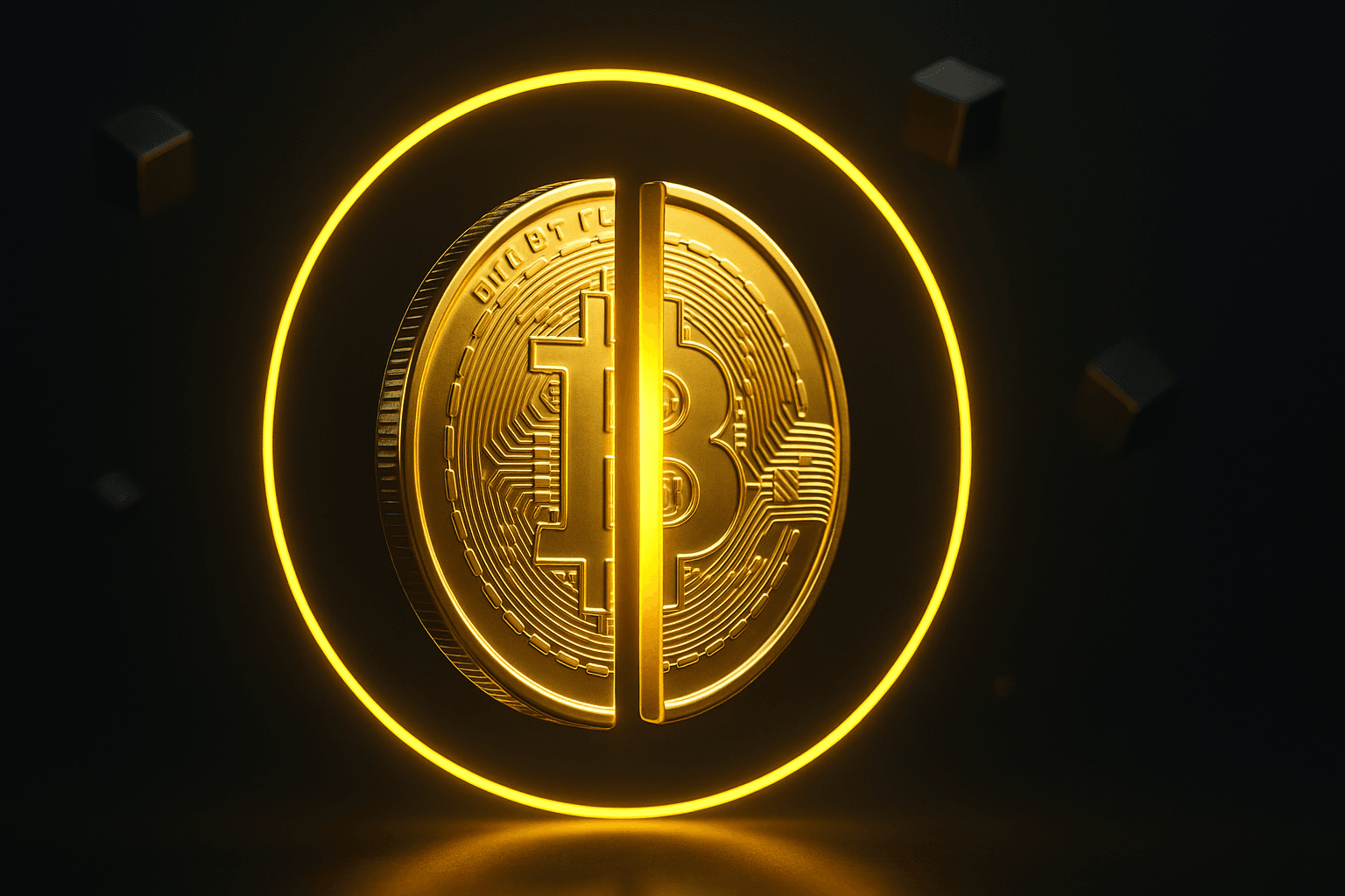 Golden Bitcoin symbol with glowing halving graphic, representation of the Bitcoin halving as a supply shock event in the crypto market.