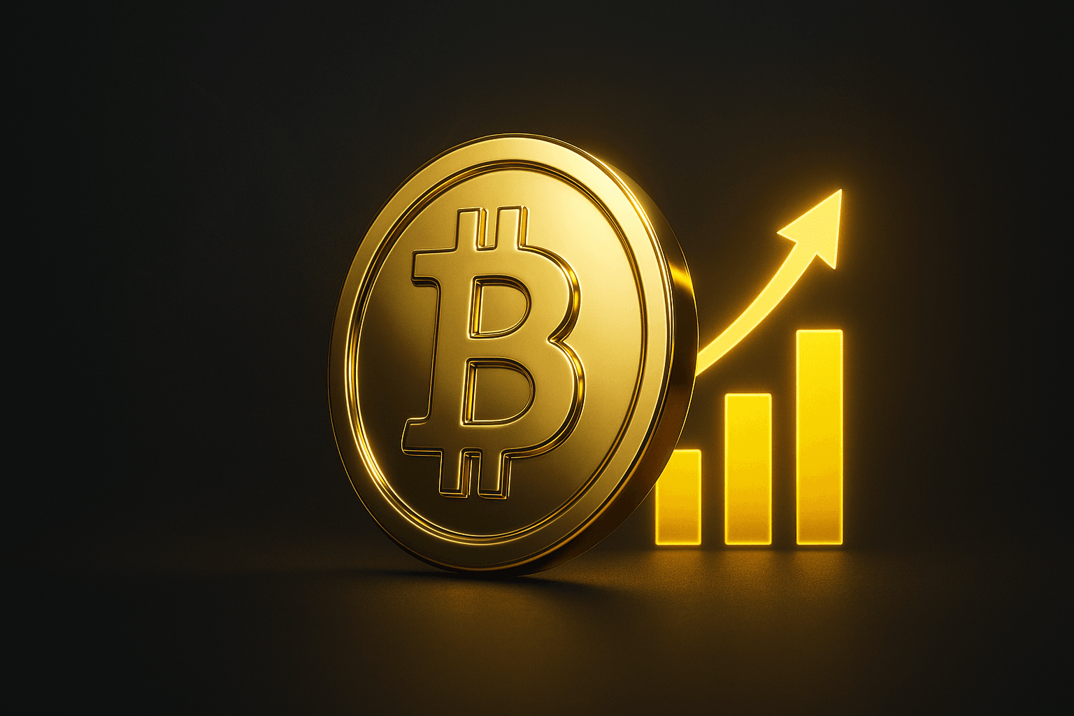 Bitcoin graphic with golden price increase, symbol for growing interest and rising market price of the cryptocurrency.